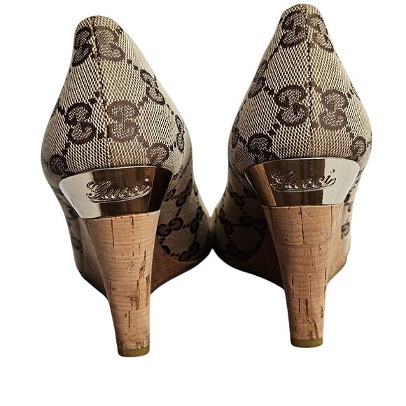 Gucci beige/ebony GG canvas peep-toe Cyprus cork wedge Size 5B - Picture 5 of 15